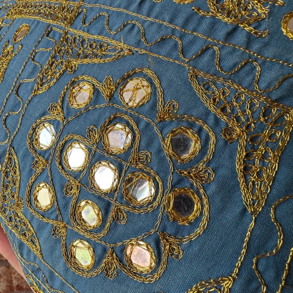 Bohemian‎ Blue Gold Embroidered Shisha Mirror Square Throw Pillow 15x15
